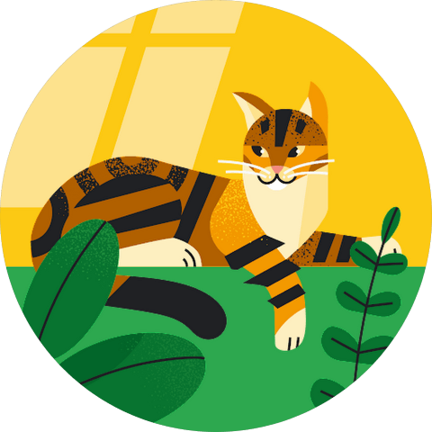 A cartoon cat sitting playfully on a vibrant green plant, showcasing its whimsical character.